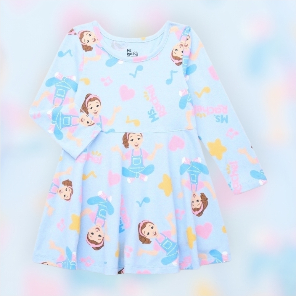 Ms. Rachel Blue Long Sleeve Dress with Cartoon Print-Size 5T NWT